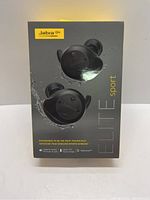 Front view of sealed box showing Jabra Elite Sport earbuds and branding.