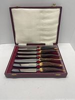 Full view of six steak knives in open red case lined in cream satin and burgundy velvet holding knives.