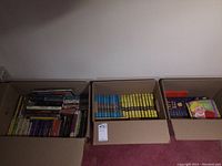 Three large boxes filled with vintage paperback books mainly Nancy Drew and Hardy Boys on carpeted floor against white wall.