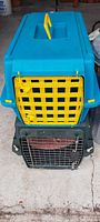 Two pet carriers stacked one on top of the other, showing front swing doors, teal one on top with a yellow door, green one below with metal door.