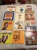 12 vintage country music vinyl record album covers displayed in a grid showing various classic artists and covers