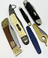Overview of eight vintage knives including pocket knives and fish cutters in various handle materials such as wood, plastic and metal. Visible wear and patina on blades and handles.