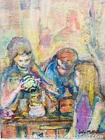 Close-up of the impressionistic oil painting showing three figures around a table and artist's signature.