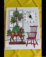Front view showing decorative clock face with a window, plants, horse figurine, and chair illustration in color.