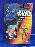 Front view of the sealed packaging of the 1995 Star Wars C-3PO action figure in blister pack with card backing showing Star Wars logo and image of C-3PO.