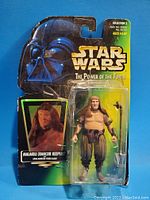 Front view of Malakili Rancor Keeper action figure in original packaging with Star Wars Power of the Force branding, showing figure and accessory.