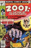Front cover of Marvel Comics Group 2001: A Space Odyssey issue #7 showing colorful sci-fi art with large fist, alien character, and female figure, along with comic details such as price and issue number.