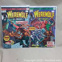 Front view photo showing Werewolf by Night comic books #24 and #34 together in protective bags and boards.
