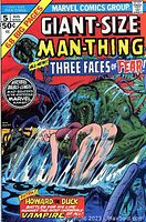 Photo shows the front cover of Giant-Size Man-Thing issue #5 comic book with colorful illustration and Marvel branding.