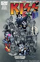 Front cover image of KISS Kids comic book featuring illustrated kids in KISS costumes and makeup.