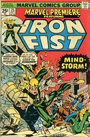 Cover image of Marvel Premiere issue 25 comic book showing Iron Fist fighting Angar the Screamer with title and cover text.