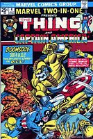 Cover photo of Marvel Two-in-One comic book issue #4 showing The Thing and Captain America fighting yellow-clad enemies.