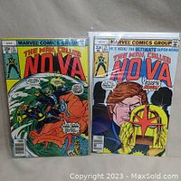 Two comic books side by side: The Man Called Nova issues 17 and 21 with visible cover artwork and Marvel Comics Group logo, both bagged and boarded.
