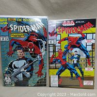 Shows front covers of Spider-Man comic books #32 and #33 with The Punisher, both bagged and boarded.