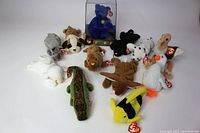 Lot of 12 vintage TY Beanie Babies arranged to show individual details, including the bear in display case and assorted animal figures.
