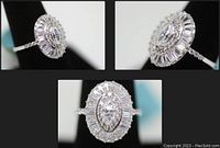 Multiple close-up photos of the sterling silver cocktail ring with simulant diamond-like stones arranged in halo setting, highlighting the oval center stone and baguette accents.