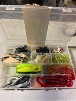 Top view of clear plastic tackle box with assorted soft plastic lures and jig heads sorted by color and shape.