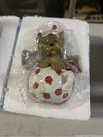 Figurine sculpture of a brown dog holding a white cup decorated with red and black ladybugs, wrapped in protective plastic inside white foam packaging.
