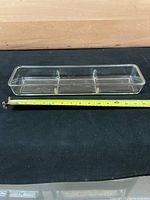 Clear glass rectangular snack tray with three sections, measured with tape showing approximately 15 inches length.
