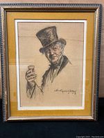 Framed coloured charcoal drawing showing a jovial gentleman wearing a top hat, holding a glass, signature and date 1904 visible at bottom right, with a tear across the hat area.