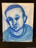 Unframed oil painting of a blue-toned male portrait with expressive brush strokes and moody expression.
