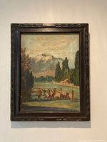 Framed oil painting on canvas showing a pastoral South American scene with a shepherder and sheep in a mountainous landscape