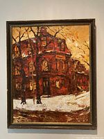 Full view of framed oil painting showing Second Empire home in snowy setting