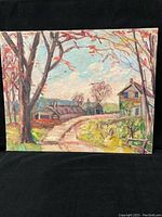 Oil painting on canvas board depicting a pastoral country road with trees, a house, and outbuildings under a partly cloudy sky.