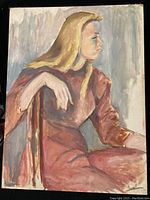 Frontal image of oil painting showing a young blonde woman in a reddish-brown dress seated and looking right. Painting on canvas board in muted tones, 18 x 24 inches.