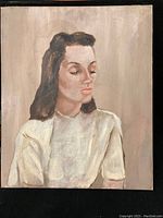 Front view of oil painting showing young woman portrait with closed eyes and dark hair in neutral background.