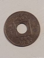 Photo of the front side of the antique Hong Kong coin, showing Chinese characters around a central square hole, worn surface.