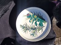 Top view of the Masons Ironstone plate with colorful Scottish thistle botanical illustration.