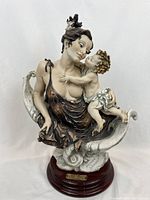 Front view of porcelain figurine showing mother and child on wood base