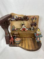Front view of complete diorama with Pinocchio, Figaro, Cleo, and Jiminy Cricket in workshop