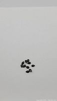 Top view of 10 small pear-shaped black onyx gemstones arranged loosely on white background.
