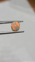 Close-up image of natural Ethiopian opal gemstone held by tweezers, showing bright multicolor flashes on caramel base tone.