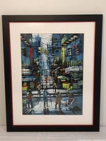 Full framed painting showing urban street scene with people and buildings by Florence YC Law