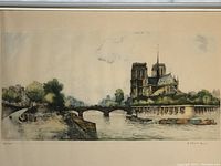 Close-up of the artwork showing Notre Dame Paris with river and bridge, signed Frank Will in lower right.