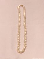 Full length view of the pearl necklace laid flat showing the entire strand and clasp.