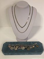 Full display of two chain necklaces and sterling charm bracelet on display stand and jewelry tray