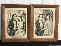 Two framed lithographs titled 'The Declaration' and 'The Wedding Day' showing Victorian bride and groom couples, wood frames with some age wear visible.