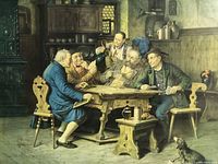 Close-up view of the print showing five men playing cards around a wooden table with a dog nearby, highlighting the detailed scene and coloring.