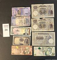 Photo showing 9 assorted foreign banknotes from India, Serbia, Philippines, Indonesia, New Zealand, and Central African States.