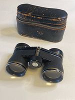 Opera glasses positioned next to their black textured zippered case showing surface wear.