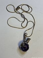 Full view of the sterling silver chain necklace with the otter pendant featuring the purple amethyst stone.