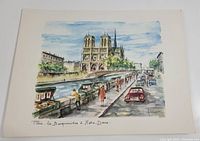 Full view of the 1960s Arno watercolour print showing Notre Dame Cathedral, bookstalls, people, and cars along the Seine in Paris.