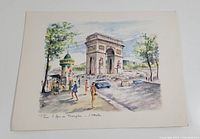 Full view of 1960's watercolour print featuring Arc de Triomphe scene with pedestrians and vehicles