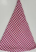 Full view of a vintage round tablecloth with a red and white checkered pattern laid out flat showing overall shape and pattern.