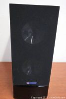 Front view of Theatre Research speaker with black fabric grille covering two circular cones
