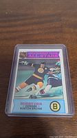 Front view of the 1975-76 Bobby Orr NHL All-Stars hockey card encased in protective plastic.
